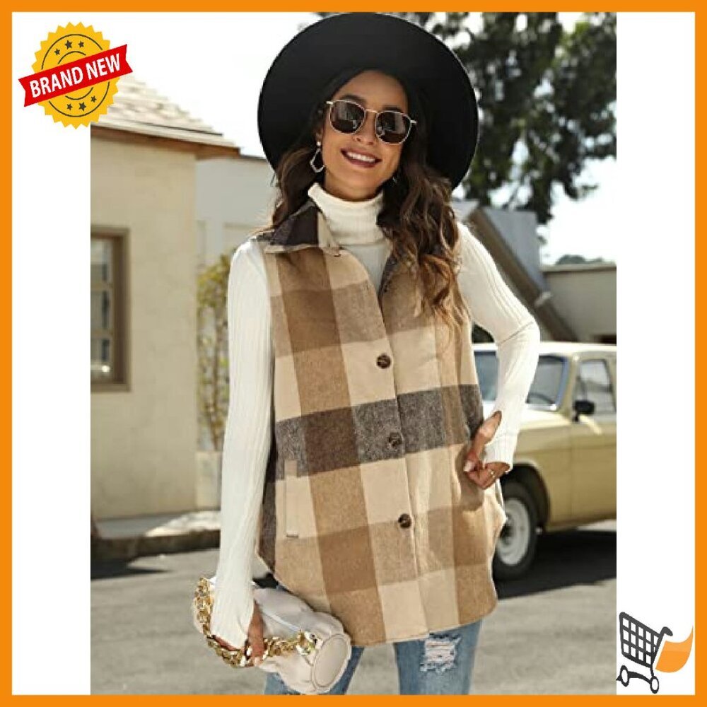 Women's Flannel Plaid Vest Sleeveless Button Down Shirt Jacket Pockets - Picture 7 of 8